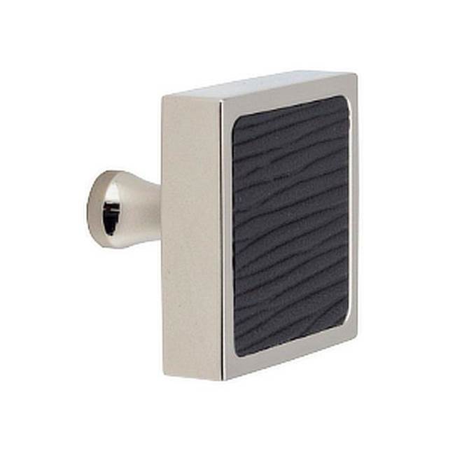 Colonial Bronze Leather Accented Square Cabinet Knob With Flared Post, Unlacquered Polished Brass x Pinseal Black Seal Leather