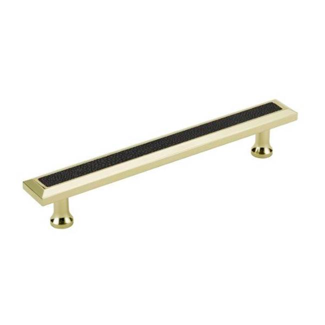 Colonial Bronze Leather Accented Rectangular, Beveled Cabinet Pull With Flared Posts, Polished Brass x Royal Hide Rum Leather