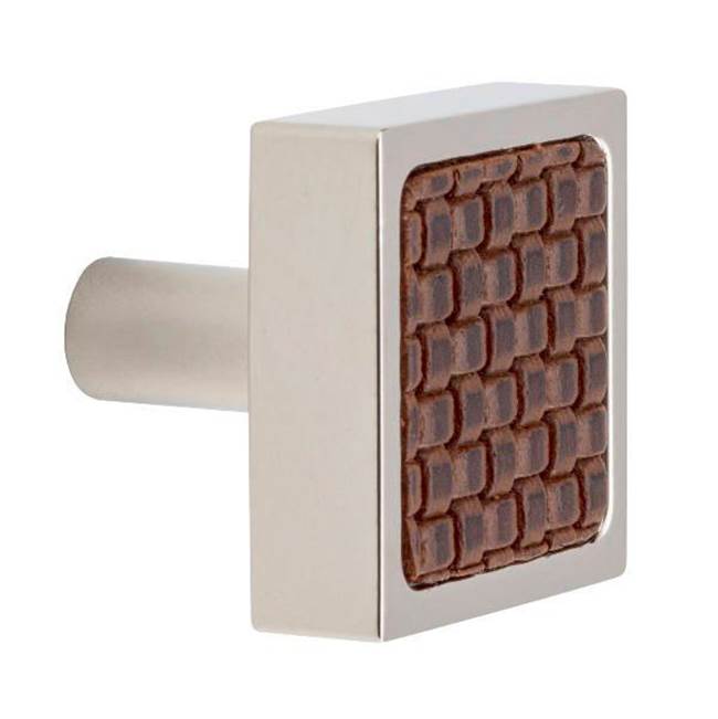 Colonial Bronze Leather Accented Square Cabinet Knob With Straight Post, Satin Chrome x Woven Bitter Chocolate Leather