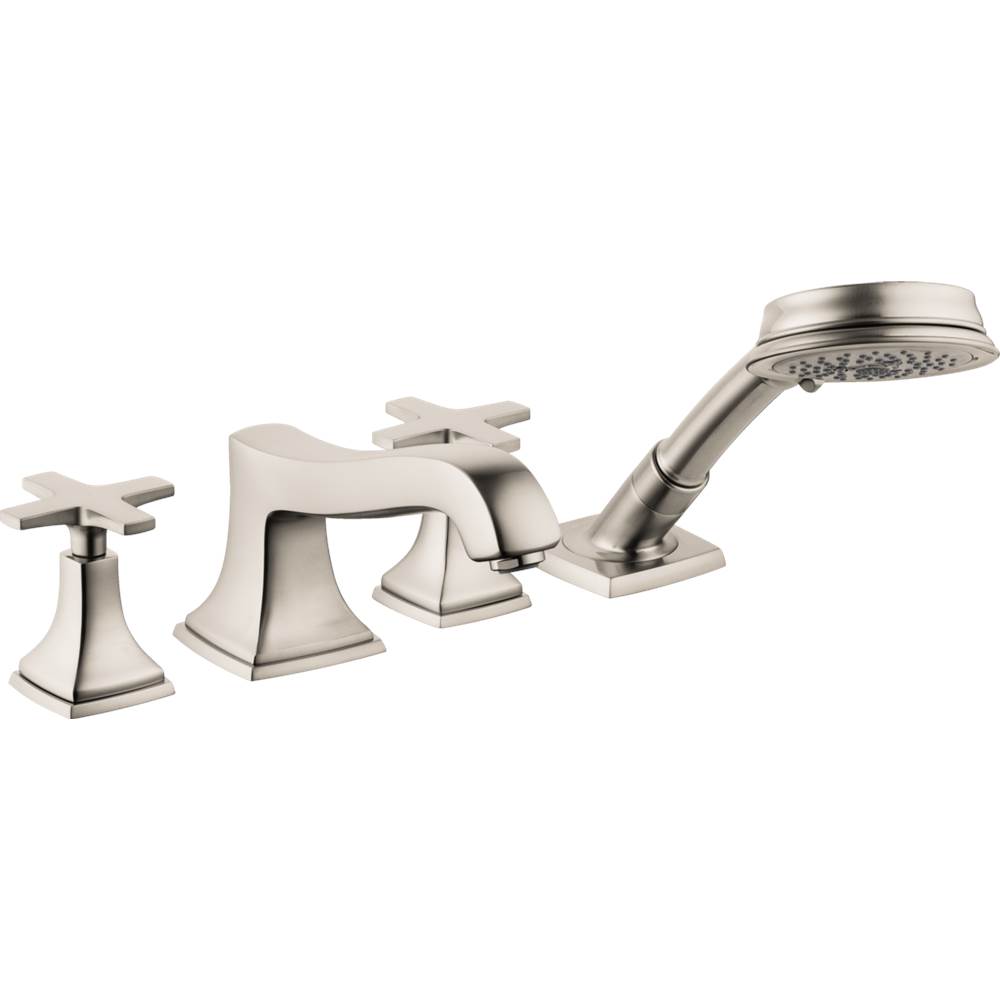 Hansgrohe Metropol Classic 4-Hole Roman Tub Set Trim with Cross Handles and 1.8 GPM Handshower in Brushed Nickel
