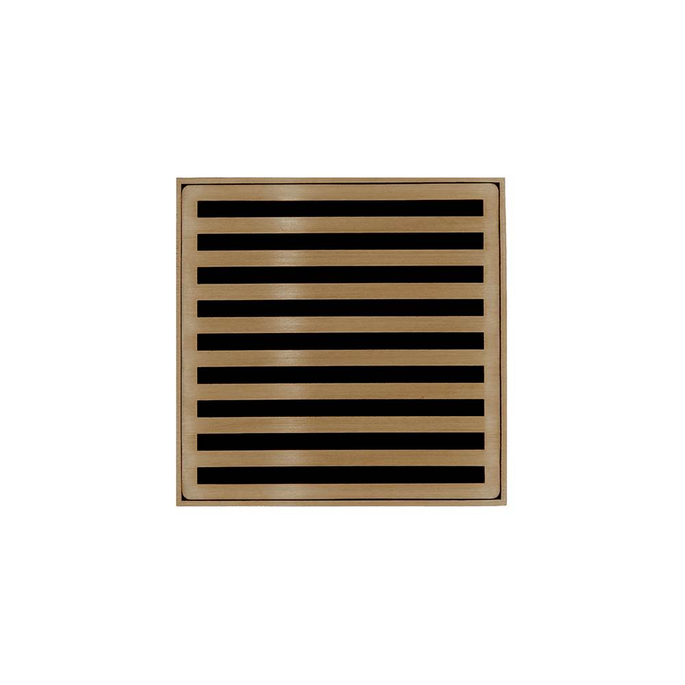 Infinity Drain 5'' x 5'' NDB 5 Complete Kit with Lines Pattern Decorative Plate in Satin Bronze with PVC Bonded Flange Drain Body, 2'', 3'' and 4'' Outlet