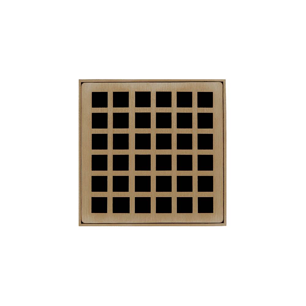 Infinity Drain 4'' x 4'' QD 4 Complete Kit with Squares Pattern Decorative Plate in Satin Bronze with ABS Drain Body, 2'' Outlet