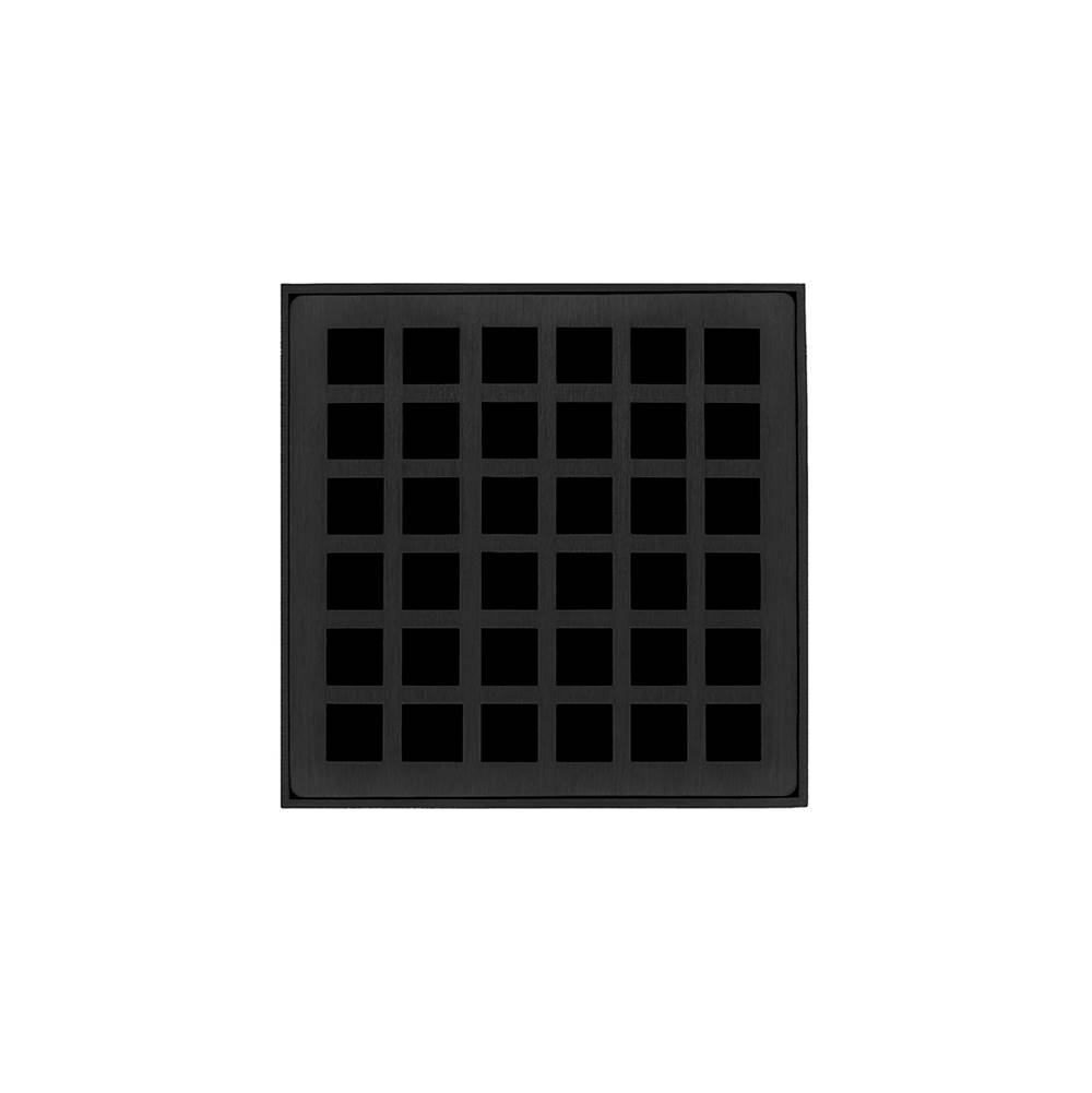 Infinity Drain 4'' x 4'' QDB 4 Complete Kit with Squares Pattern Decorative Plate in Matte Black with ABS Bonded Flange Drain Body, 2'', 3'' and 4'' Outlet