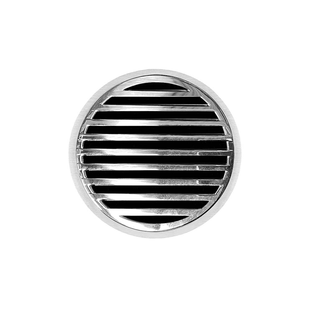 Infinity Drain 5'' Round RND 5 Complete Kit with Lines Pattern Decorative Plate in Polished Stainless with Cast Iron Drain Body, 2'' Outlet