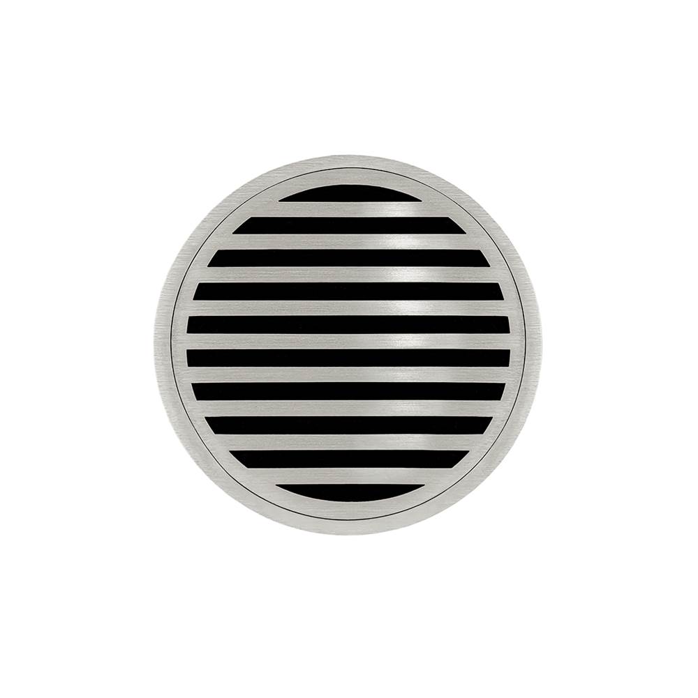 Infinity Drain 5'' Round RND 5 Complete Kit with Lines Pattern Decorative Plate in Satin Stainless with PVC Drain Body, 2'' Outlet