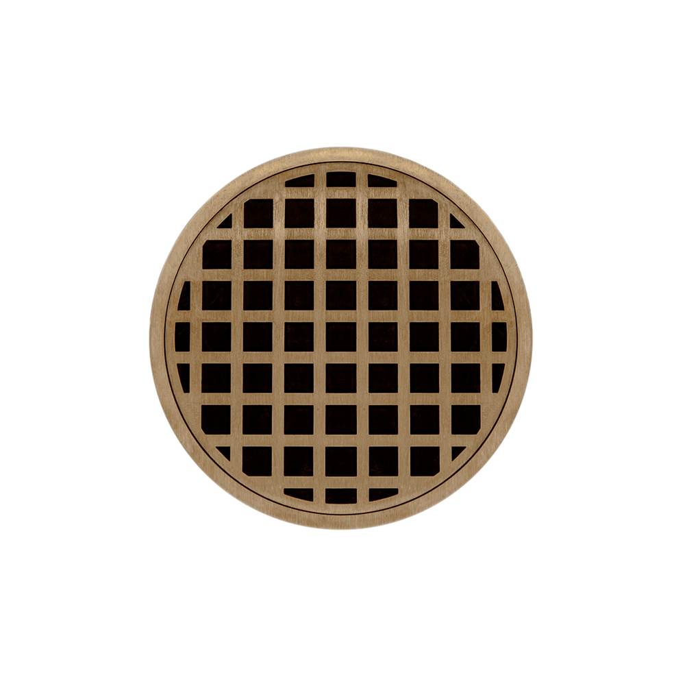 Infinity Drain 5'' Round RQD 5 Complete Kit with Squares Pattern Decorative Plate in Satin Bronze with ABS Drain Body, 2'' Outlet