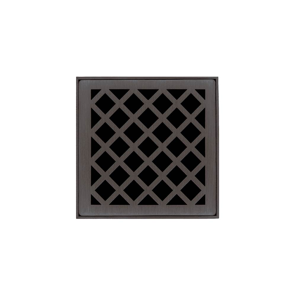Infinity Drain 4'' x 4'' XDB 4 Complete Kit with Criss-Cross Pattern Decorative Plate in Oil Rubbed Bronze with Stainless Steel Bonded Flange Drain Body, 2'' No Hub Outlet