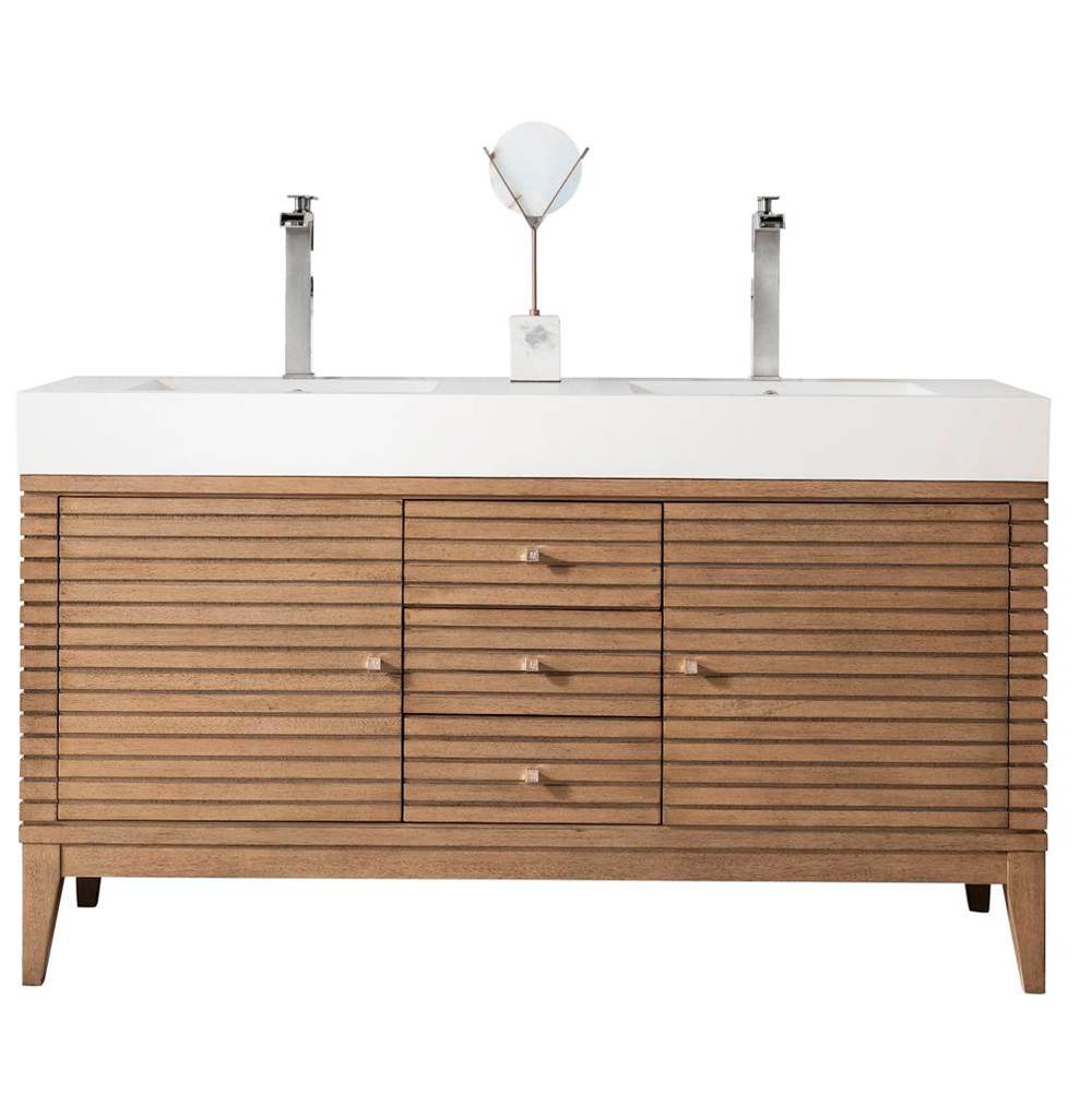 James Martin Vanities Linear 59'' Double Vanity Whitewashed Walnut w/ Glossy White Composite Top