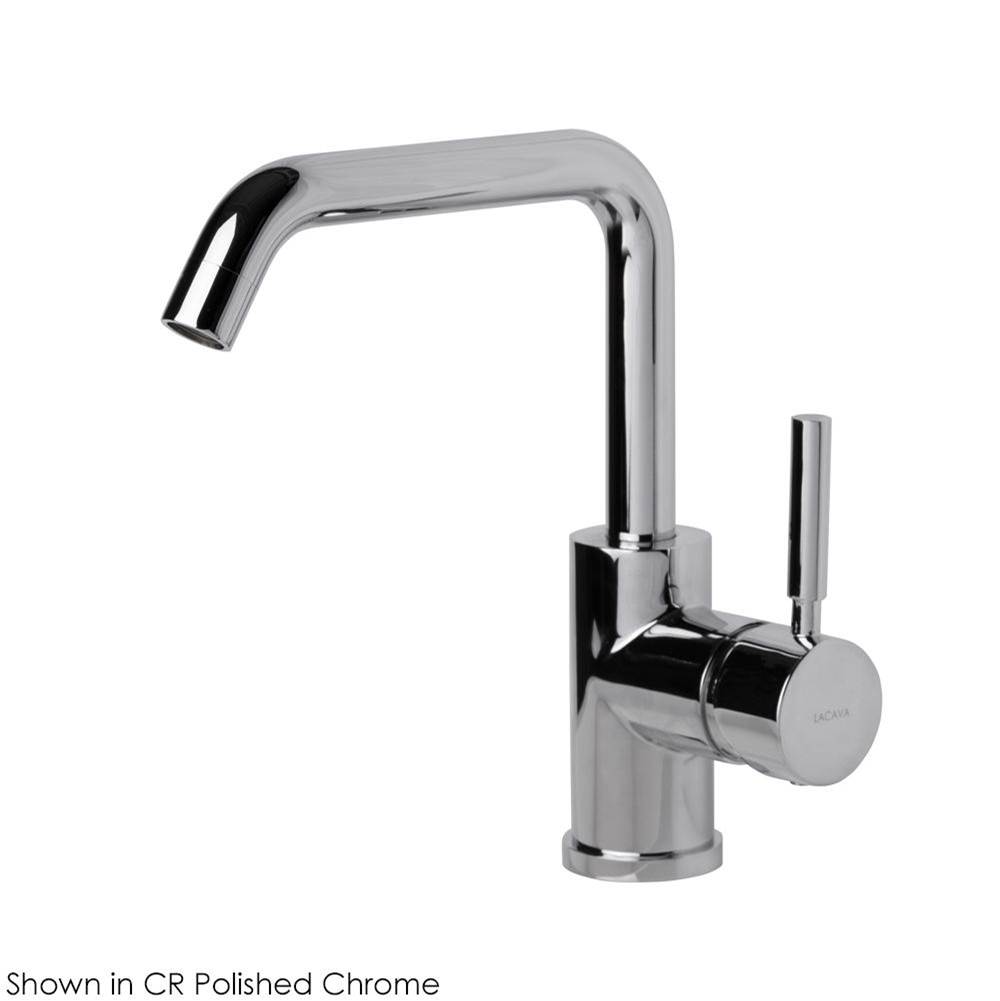 Lacava Deck-mount single-hole faucet with a squared-gooseneck swiveling spout, one lever handle, and a pop-up drain.
