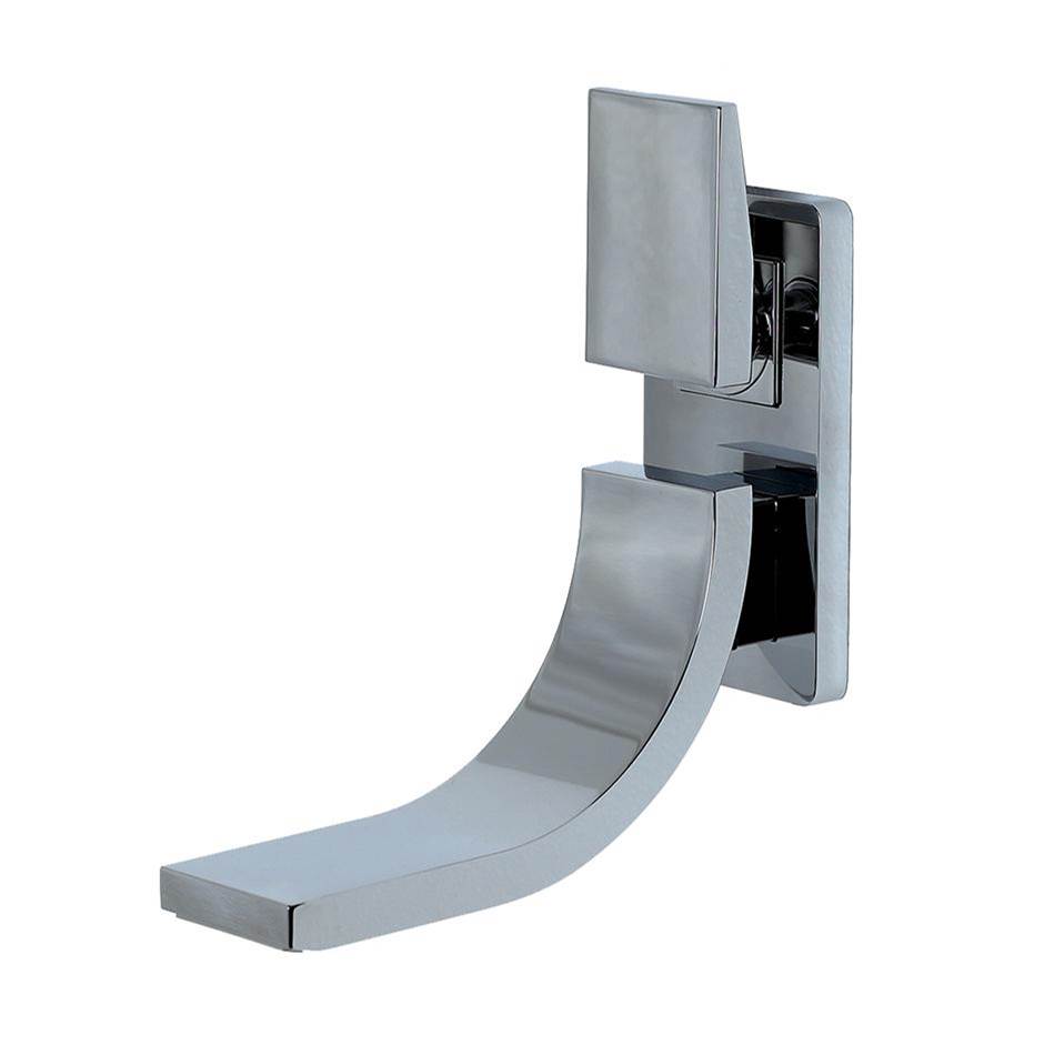 Lacava TRIM-Wall-mount two-hole faucet with one lever handle on the top, with backplate. Includes rough-in and trim. Water flow rate: 1.2 GPM.