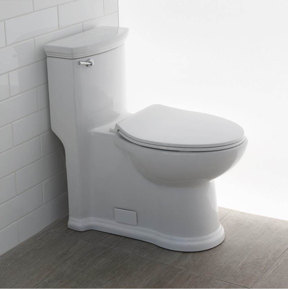 Lacava Floor-standing elongated one-piece porcelain toilet with siphonic single flush system (1.28 gpf), includes a seat cover and tank