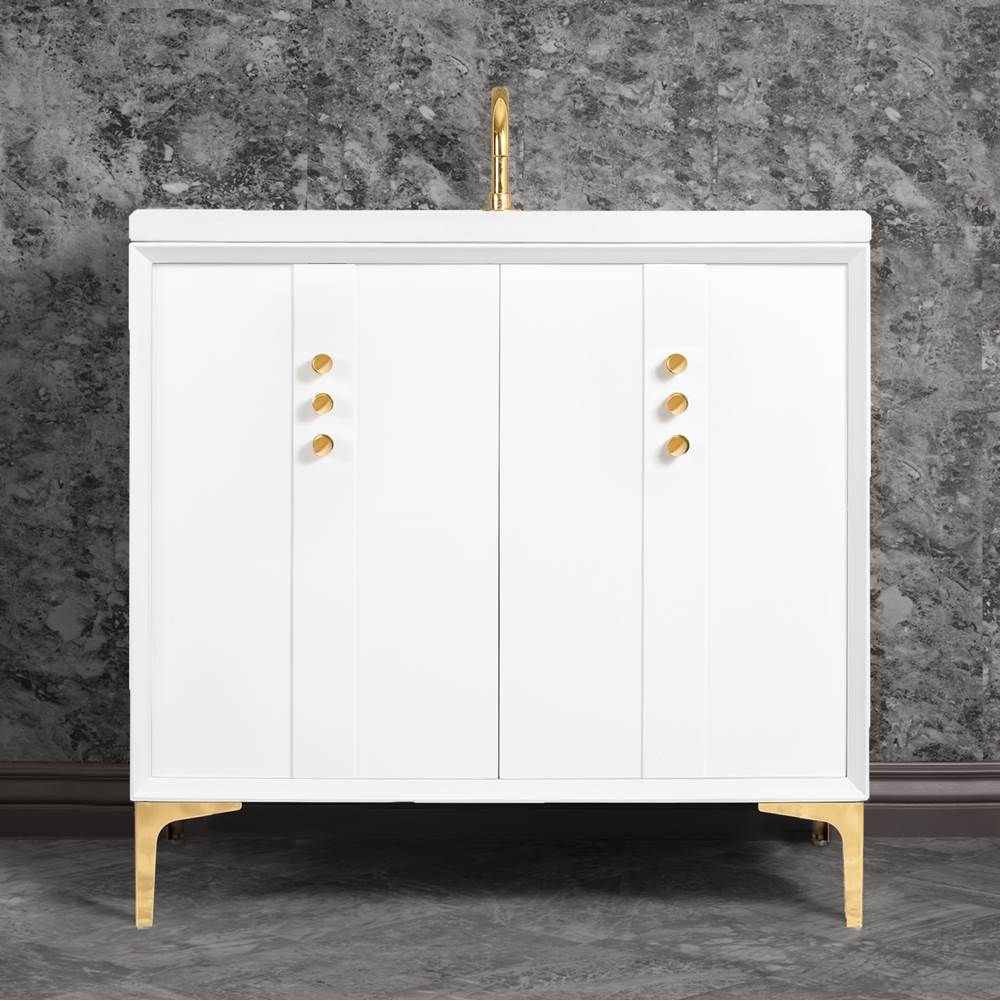 Linkasink Tuxedo 36'' Wide White Vanity with Polished Brass Buttons and Hardware