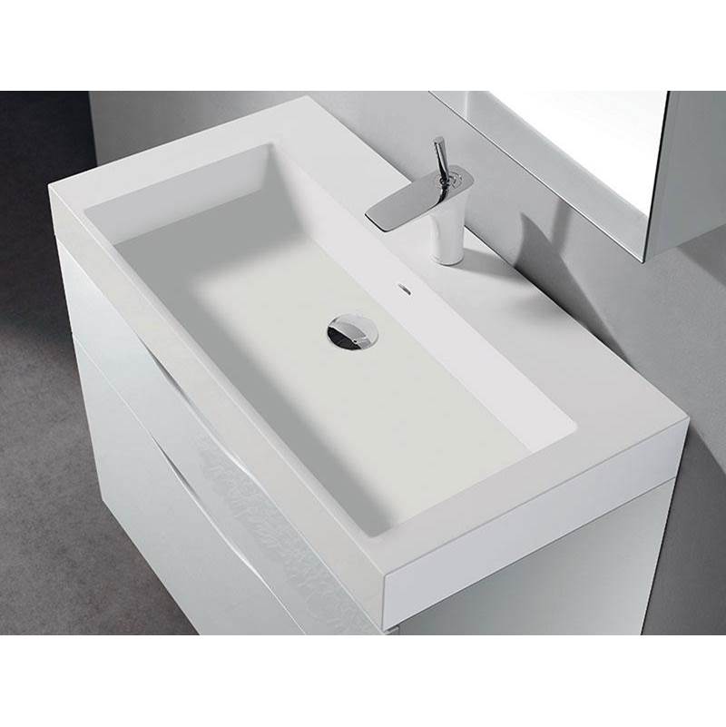 Madeli 18''D-Trough 36''W Solid Surface , Sink. Glossy White, 8'' Widespread. W/Overflow, Basin Depth: 5-3/4'', 35-7/8'' X 18-1/8'' X 4-1/2''