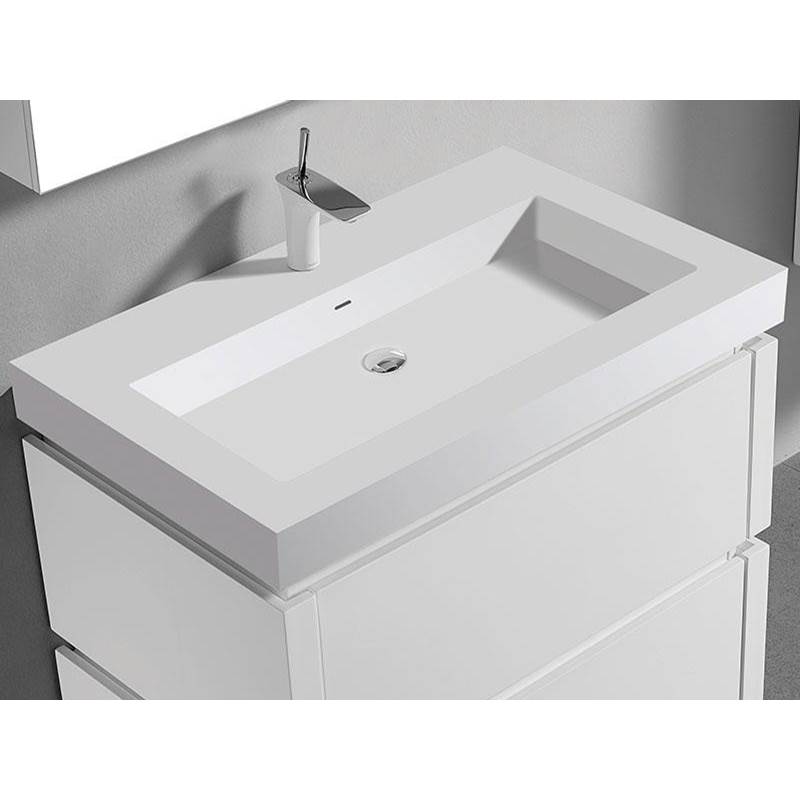 Madeli 22''D-Trough 36''W Solid Surface , Sink. Glossy White, No Faucet Hole. W/Overflow, Basin Depth: 5-3/4'', 35-7/8'' X 22-1/8'' X 4-1/2''