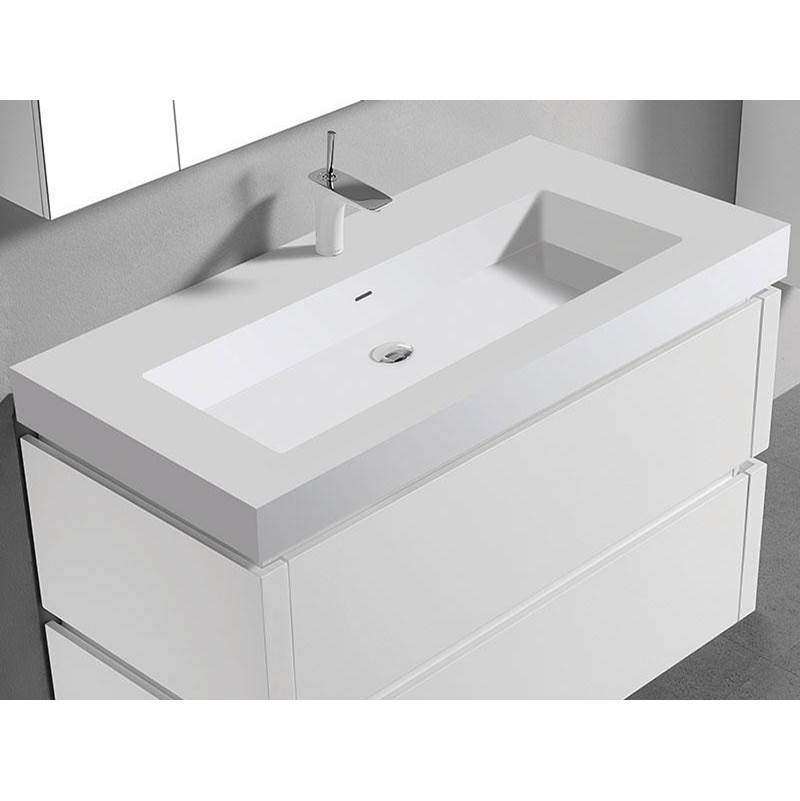 Madeli 22''D-Trough 42''W Solid Surface , Sink. Glossy White, 8'' Widespread. W/Overflow, Basin Depth: 5-3/4'', 41-7/8'' X 22-1/8'' X 4-1/2''