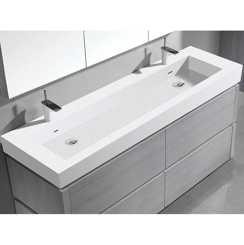 Madeli 22''D-Trough 60''W Solid Surface , Sink. Glossy White. 2-Bowls, No Faucet Hole. W/Overflow, Basin Depth: 5-3/4'', 59-1/2'' X 22-1/8'' X 4-1/2''